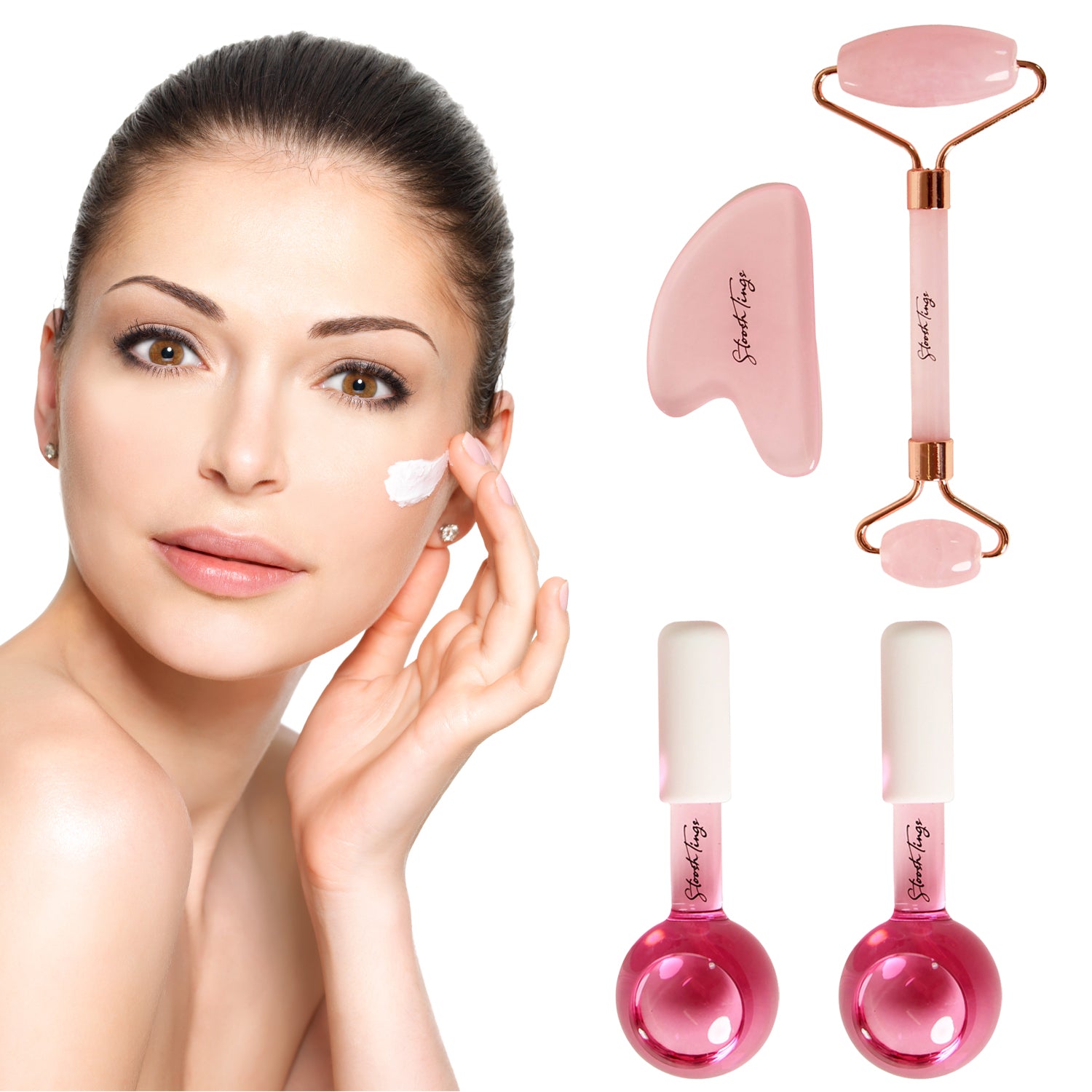 StooshTings Beauty Ice Globes for Face, Gua Sha, Beauty Roller 4-Piece Pink Set
